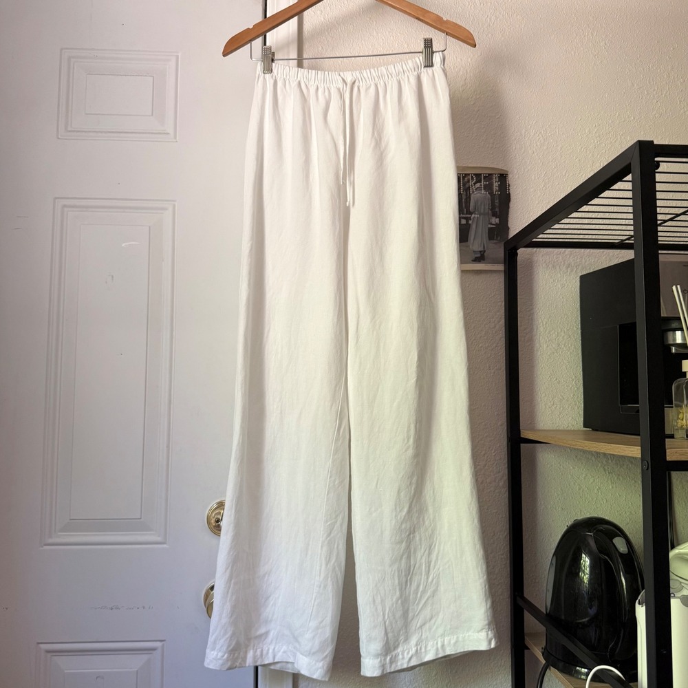 CLYQUE white linen rayon elastic drawstring pull on wide string leg pants